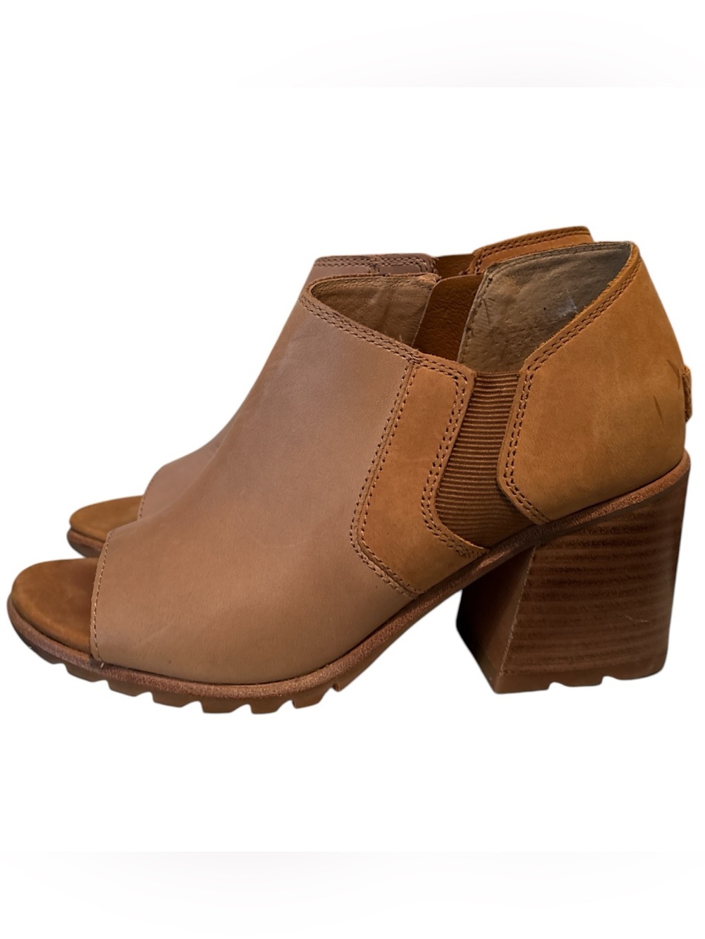 Sorel Nadia Women's Tan Open-Peep Toe Block Heel Booties Tri-Tone